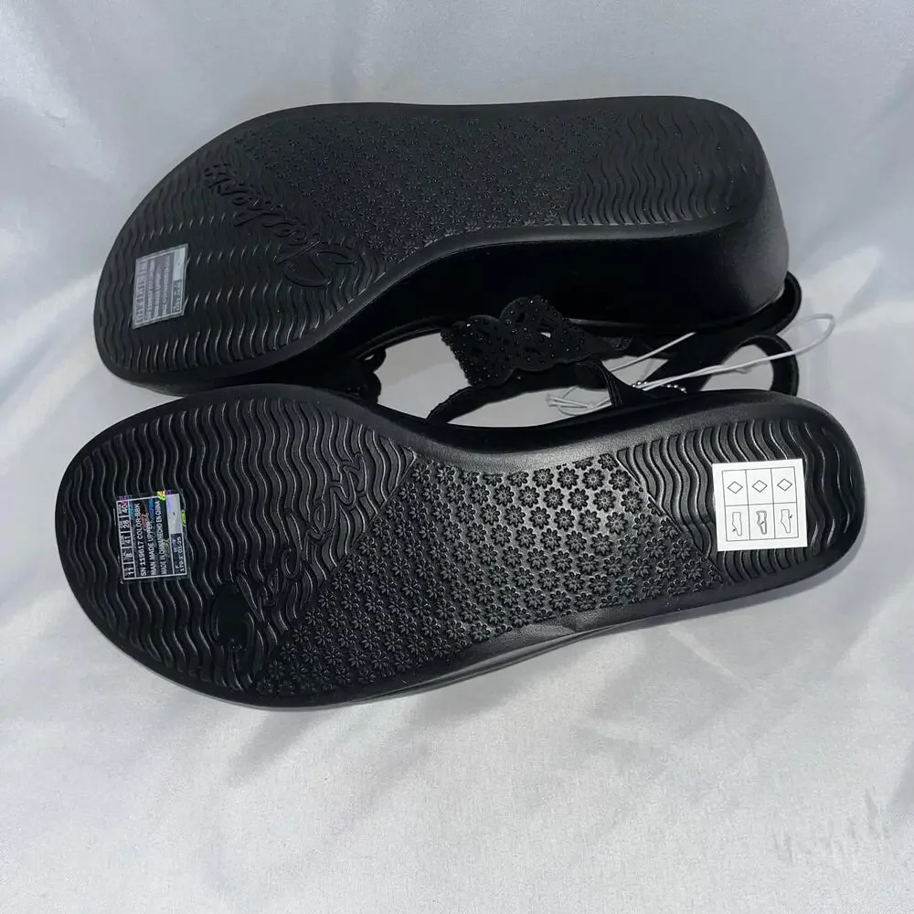 Skechers Luxe Foam Wedge Sandals Women’s Size 11 Black Rhinestone Strappy 2.5 in